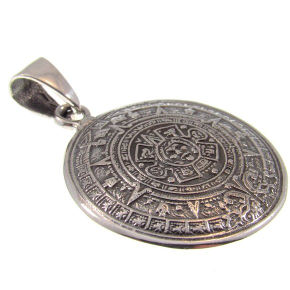 Solid 925 Sterling Silver Aztec Sun Stone / Mayan Calendar Pendant - Picture 6 of 8